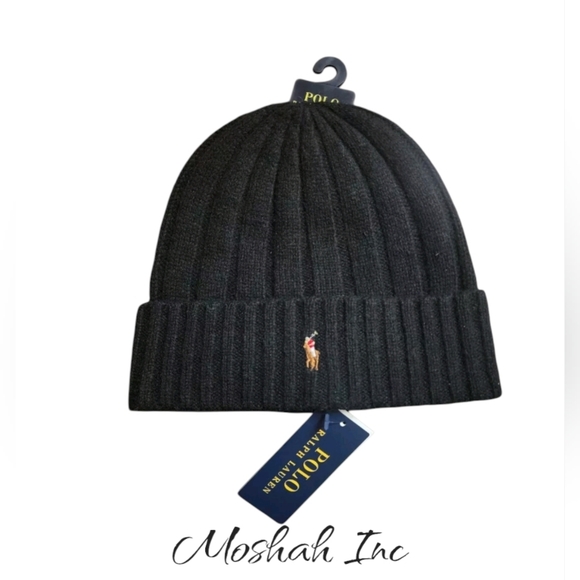 Polo Ralph Lauren Men's Black Wool Blend Ribbed Cuff Knit Beanie Hat RL … - Picture 1 of 2